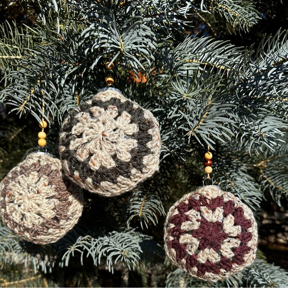 Hand knit/crochet country style Christmas ornaments, set of 3